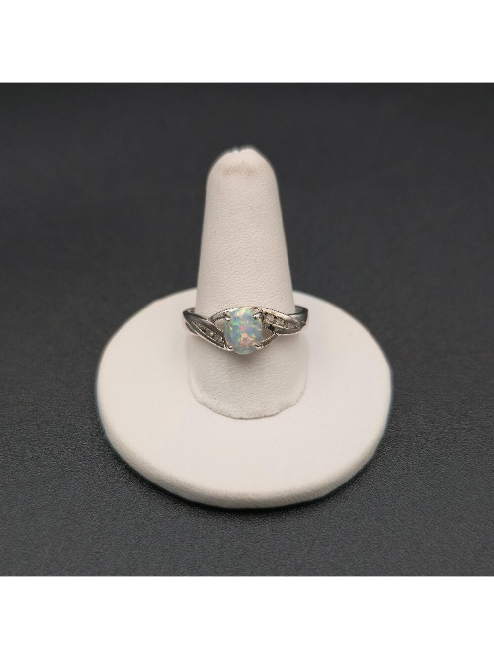 Size 9 Sterling Silver Oval Opal Ring with Cubic Zirconia Accents A8831